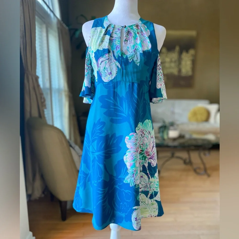 Anthropologie Maeve Elia Open Shoulder Dress Blue Floral Lined Sz 0 - Picture 3 of 16